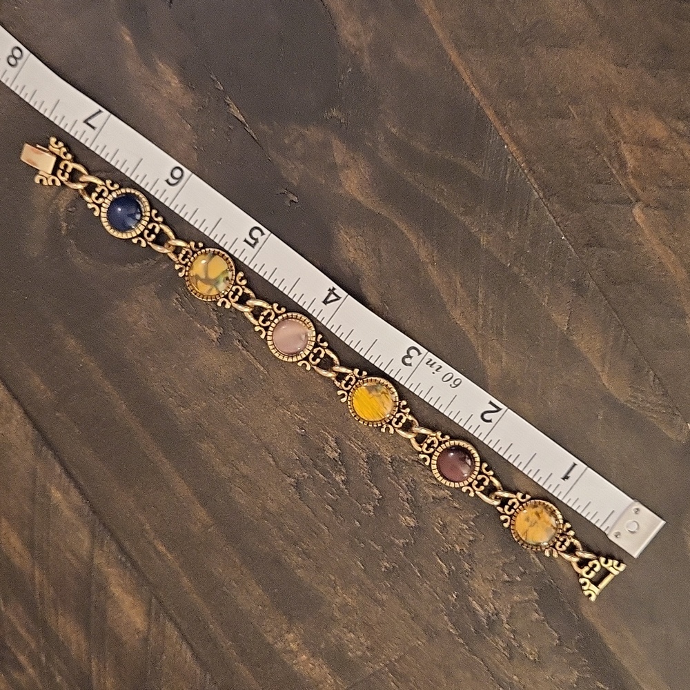 Vintage Ornate (Intricate) Faux Tigers Eye, Abalone Gold Link Bracelet - Picture 12 of 13